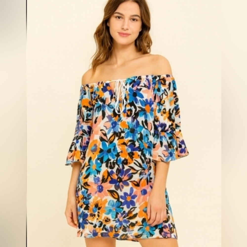 NWT Anne Cole Floral Off-Shoulder Swim Coverup with Tie-front neckline - XL/XXL